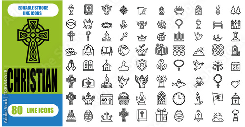 CHRISTIAN LINE ICON SET. CONTAINING ICON RELATED TO CHRISTIAN RELIGION. LINEAR ICON COLLECTION. EDITABLE STROKE, VECTOR ILLUSTRATION, 