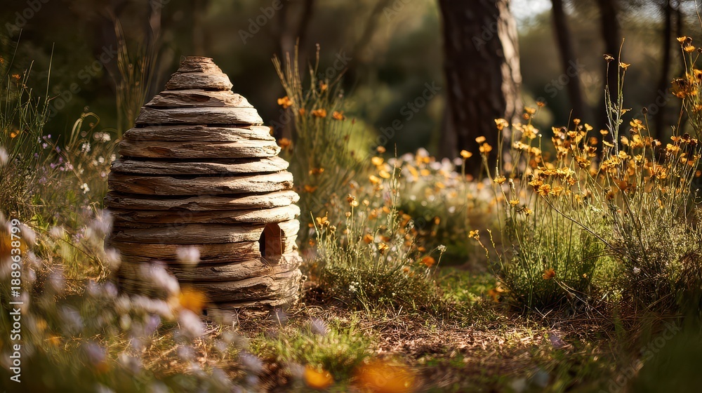 Obraz premium Beehive stands among wildflowers in a sunlit garden during the afternoon hours