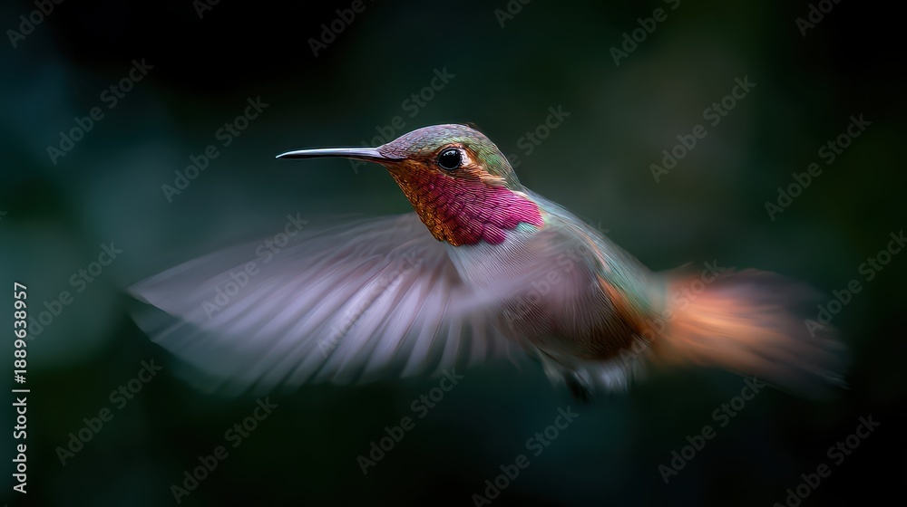 Naklejka premium Hummingbird flying in a garden in the afternoon with blurred wings and bright colors capturing nature's beauty