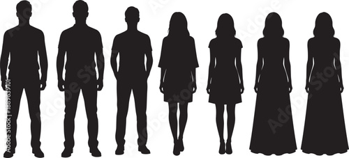 Black silhouettes of seven standing human figures in varied clothing styles, illustrating gender, fashion, and demographic diversity for signage, design, and editorial use