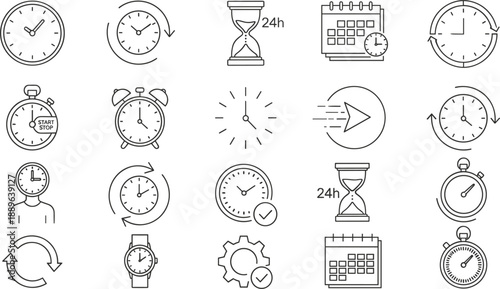 Minimal line icon set of time management and scheduling concepts including clocks, timers, deadlines, calendars, countdowns and productivity planning symbols