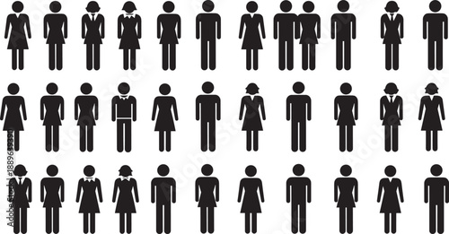 Silhouette icons of diverse male and female figures in formal and casual attire, representing demographic diversity, gender roles, and cultural fashion in vector style.