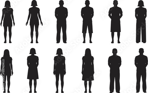 Silhouettes of diverse male and female figures with varied clothing styles and body shapes for fashion design, gender representation, and visual reference