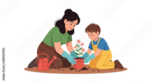 Family gardening activity with mother and young boy