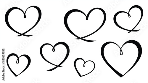 Collection of hand drawn black hearts in varying styles and sizes