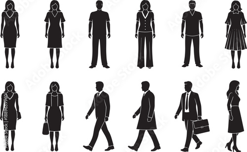 Silhouettes of diverse professionals in semi-formal and business attire with accessories for office visuals, fashion design, and workplace representation reference