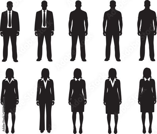 Silhouettes of male and female figures in varied professional and casual outfits for gender representation, fashion reference, and workplace attire illustration