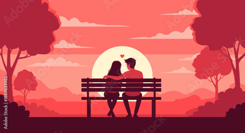 Romantic couple sitting on park bench at sunset