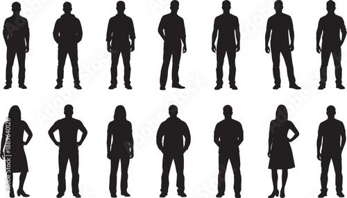 Silhouettes of fourteen diverse human figures in varied outfits and postures, ideal for gender representation, fashion design, and editorial character illustration