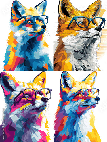 Stylized fox portraits with glasses in bright pop art colors, blending animal illustration with playful personality and modern artistic design.