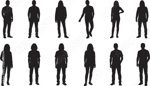 Silhouettes of twelve diverse individuals in varied standing poses, showcasing body language, posture, and demographic diversity for design, editorial, and character modeling use
