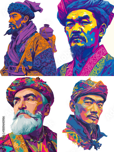 Stylized portraits of men wearing traditional headwear and garments, rendered in vibrant pop art colors with cultural influence and expressive digital illustration style.
