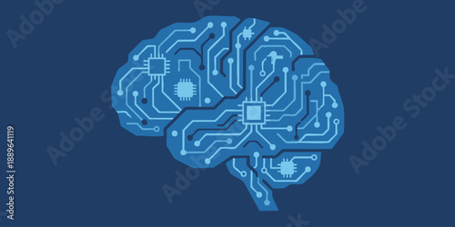 Digital illustration of a human brain with circuit board patterns on a blue background, viewed from the side