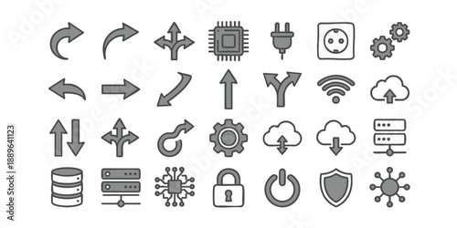 Collection of simple line icons representing technology and data concepts displayed together on a clean white background