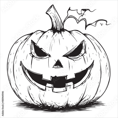
Cartoon Halloween pumpkin with scary face outline silhouette 