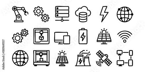 A collection of icons representing various technology and industry concepts displayed on a clean white background from a straightforward viewpoint