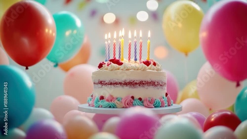 A layered cake with lit candles stands amidst a swirl of colorful balloons, celebrating a special occasion