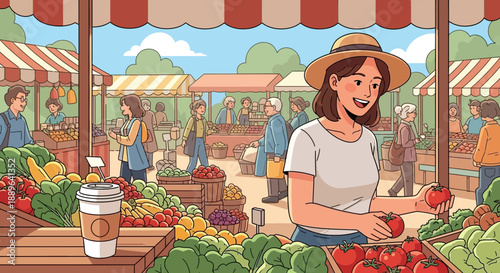 Young woman in straw hat selecting fresh produce at a vibrant outdoor market.