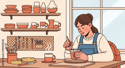 Young woman intently crafting pottery shaping clay with tools.