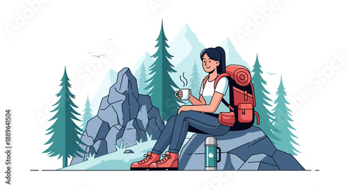 Female hiker enjoying a hot drink during a mountain trek.