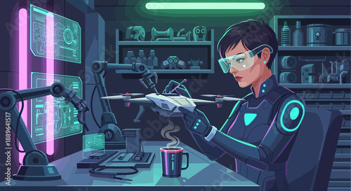 Female scientist in futuristic lab coat working on advanced technology.