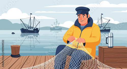 Fisherman repairing fishing net on a dock.