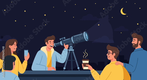 Group of friends stargazing with a telescope at night.