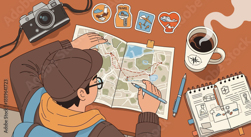 Person planning travel adventure with map and coffee.