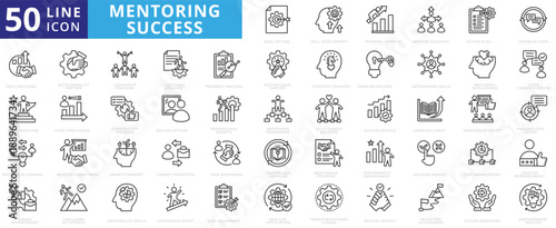 mentoring success icon pack outline contains empowerment process, leadership coaching, confidence building, motivational support, professional growth, career advancement, skill development, upskilling