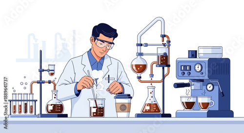 Scientist in lab coat and safety glasses conducting coffee experiments.