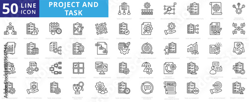 project and task icon pack outline contains continuous feedback, milestone tracking, stakeholder input, deliverable list, resource allocation, priority matrix, performance metrics, reprioritization