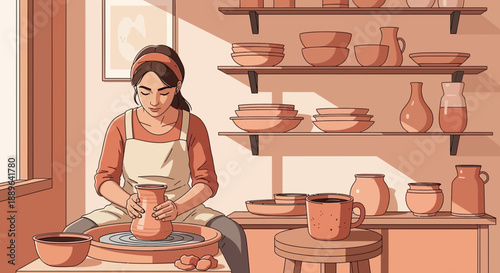 Woman engaged in pottery skillfully shaping clay on a spinning wheel.