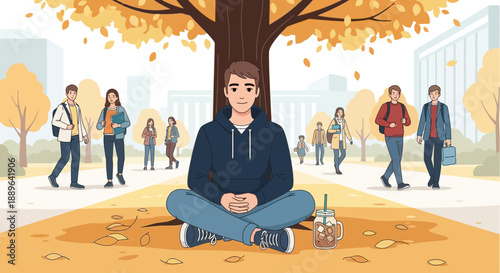 Young man meditating peacefully under a tree in autumn.