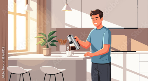 Young man pouring fresh coffee into a cup in the morning.