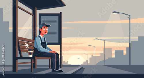 Young man with glasses and cap sitting on a bench.