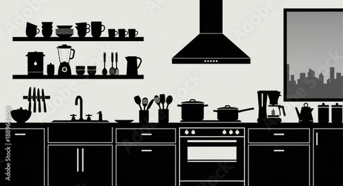 Modern Kitchen Interior Silhouette Design.