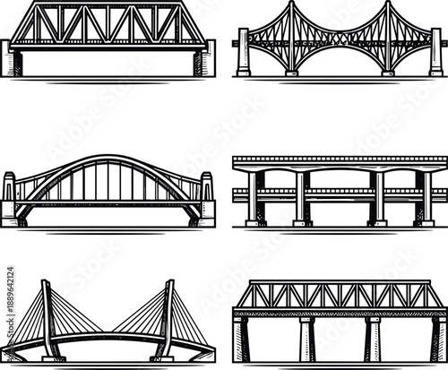 Bridge architecture illustration set featuring truss arch suspension cable stayed beam bridge designs isolated black white vector engineering collection infrastructure