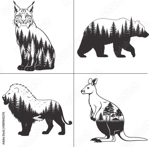 Wild Animal Double Exposure Forest Silhouette Bundle for T Shirt Design