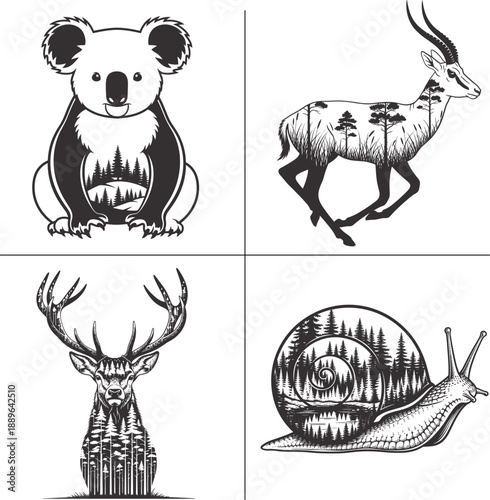 Wild Animal Double Exposure Forest Silhouette Bundle for T Shirt Design