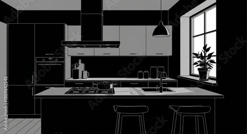 Modern Kitchen Interior Design with Island and Window.