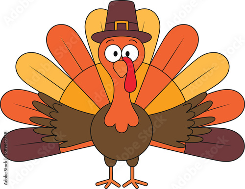Cute cartoon Thanksgiving turkey wearing a pilgrim hat with colorful feathers, festive holiday bird vector illustration isolated on white background. (20 words)