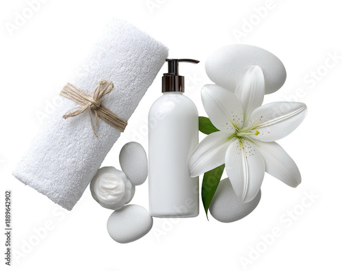 Spa scene showcasing beauty products, towels, white stones, and a lily against a black background