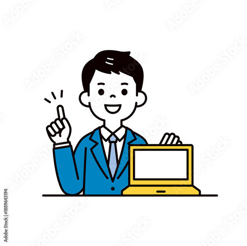 パソコン画面を見せて接客・提案する、若いビジネスマンのシンプルな上半身ベクターイラスト素材