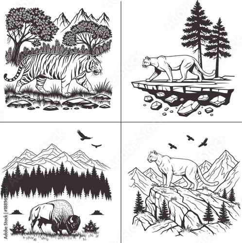 Wild Animal Double Exposure Forest Silhouette Bundle for T Shirt Design