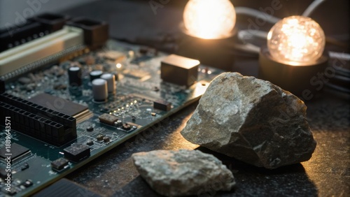 A close-up of a circuit board with rocks and glowing bulbs, highlighting the contrast between technology and nature.