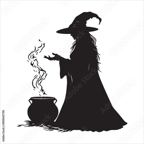 halloween witch with a broom, Halloween Witch cooking Cauldron silhouette vector graphic, Witch stirring cauldron with stars potion magic, Witch cauldron silhouette, potion cooking vector