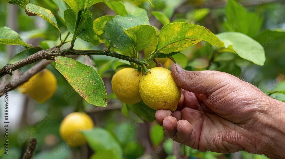 Obraz premium Lemon picking on a sunny day in a garden with ripe fruit ready for harvest