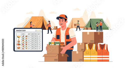 Volunteer organizing relief supplies in a disaster camp.