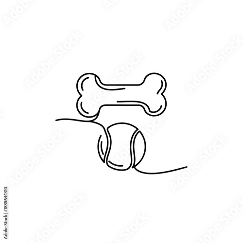 A minimalist line drawing of a dog bone and a tennis ball connected by a leash