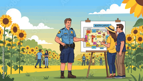 Police officer assisting a couple with directions at an outdoor event.